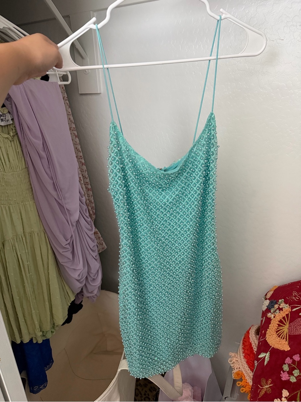 Oh Polly Aqua Beaded Mini Slip Dress